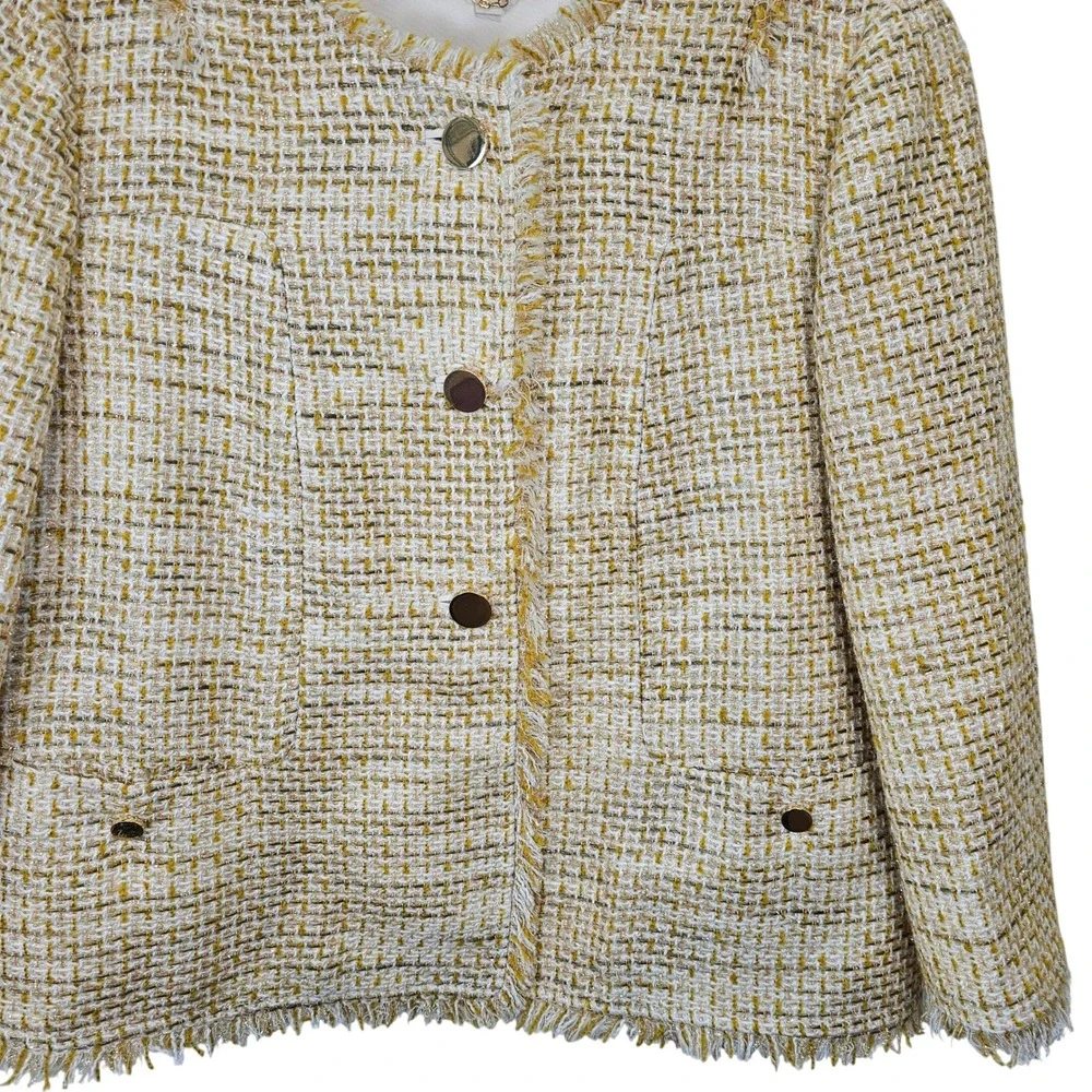 Tory Burch Emma Women Tweed Jacket  Beige Yellow Waist Length Gold Details Sz 12